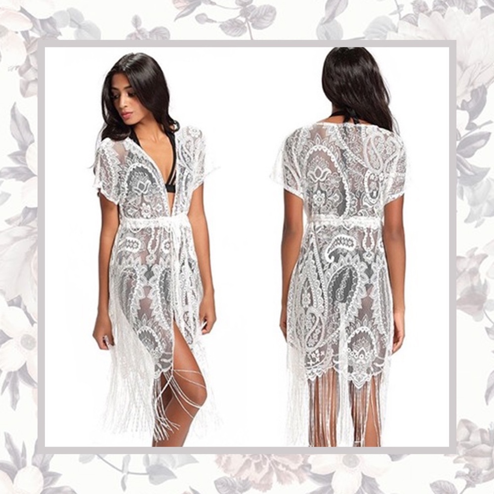 🌸 LACE FRINGE ROBE CARDIGAN ROBE DUSTER BOHO LOVE SHEER PRETTY BRIDE WEDDING